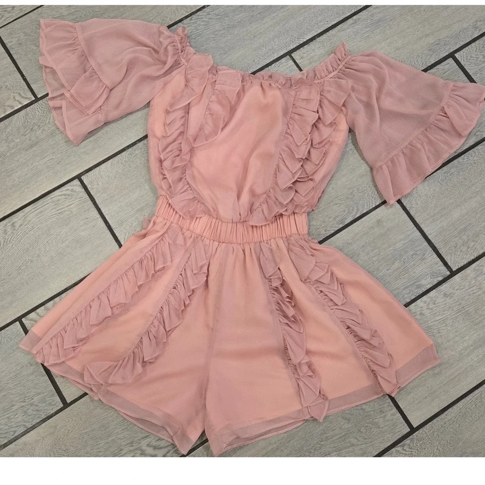 Endless Rose Pink Ruffle Off The Shoulder Romper Smocked Waist Chiffon XS